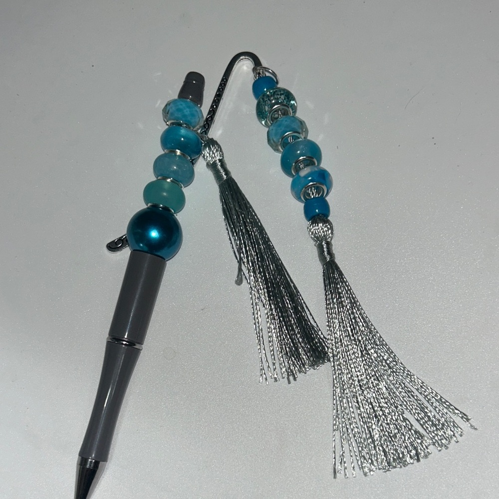 Elegant Silver and Blue Beaded Pen and bookmark set